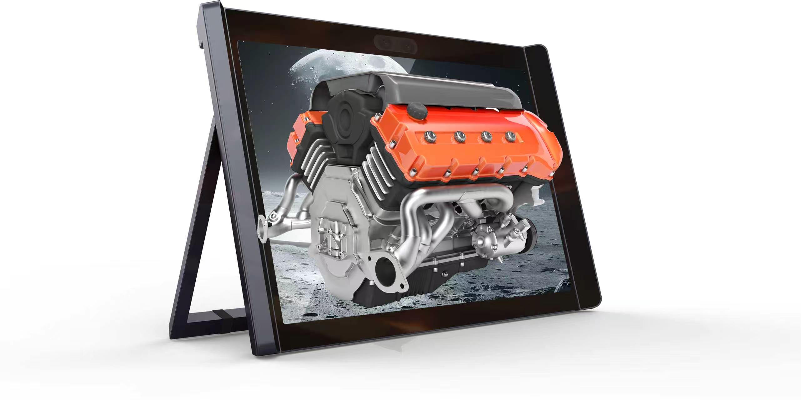 Glasses-Free 3D All-in-One Device displaying a 3D automotive engine model.