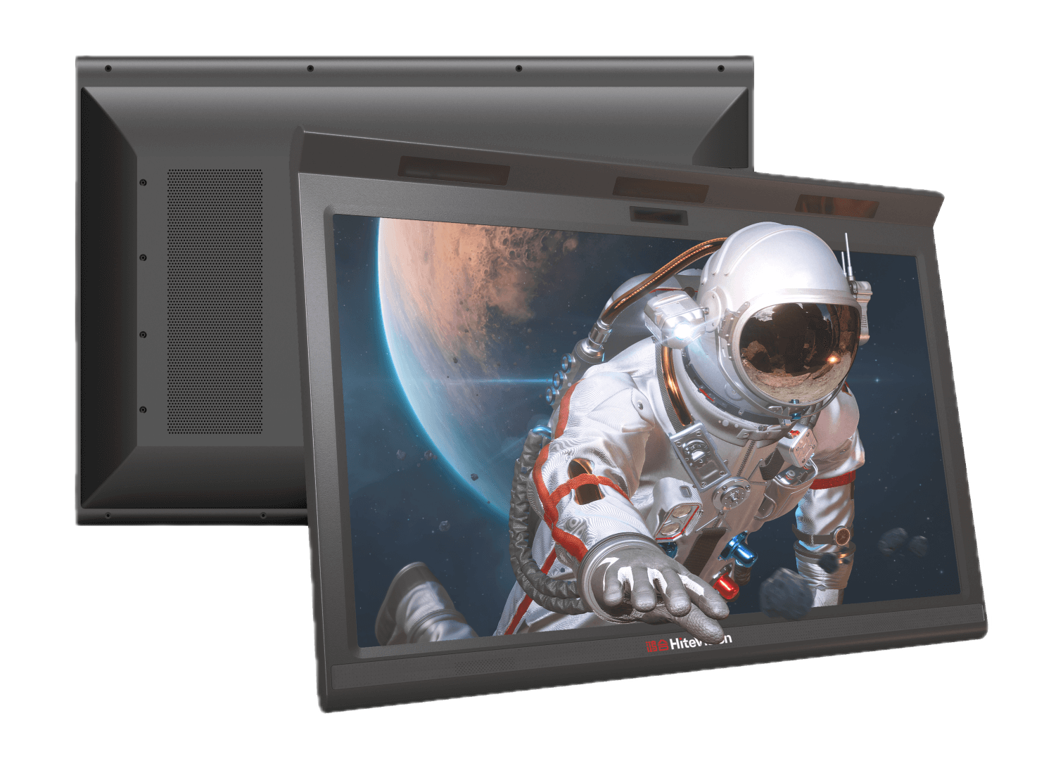 Glasses-Free 3D All-in-One Device: A 27-inch sleek, standalone touchscreen display with a thin profile, showing a 3D anatomical heart model. The device sits on a modern desk in a bright classroom setting.