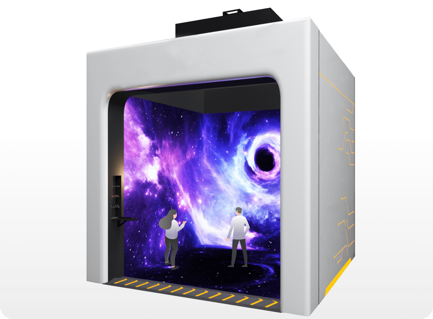 CAVE Projector System: A user wearing 3D glasses standing inside a cube-shaped room with projections on all walls, creating a fully immersive virtual environment for training or simulation.
